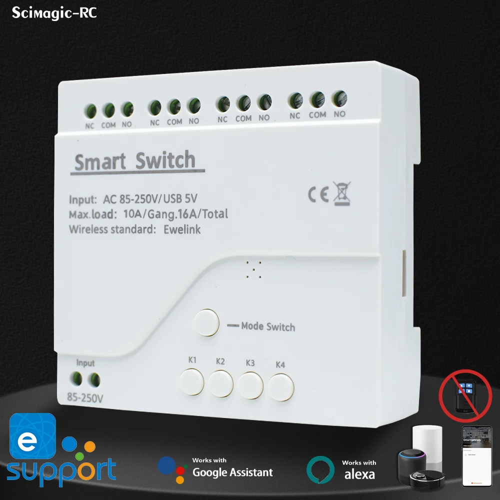 EWELINK 4 Channel Smart WiFi Switch Module AC DC 7-32V 85-250V APP Remote Control Home Automation Works with Alexa