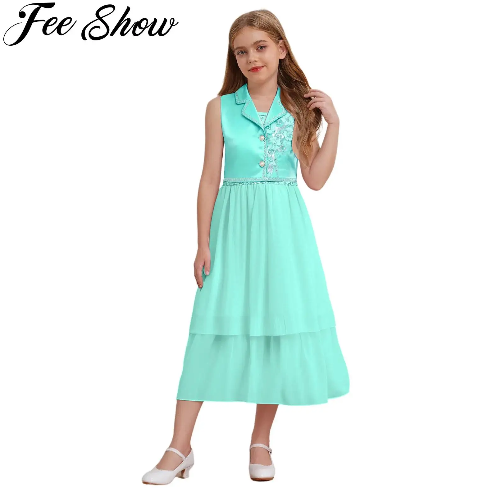 

Kids Girls Elegant Flower Rhinestone Bolero Coat with Spaghetti Strap Sequins Dress for Banquet Pageant Birthday Wedding Party