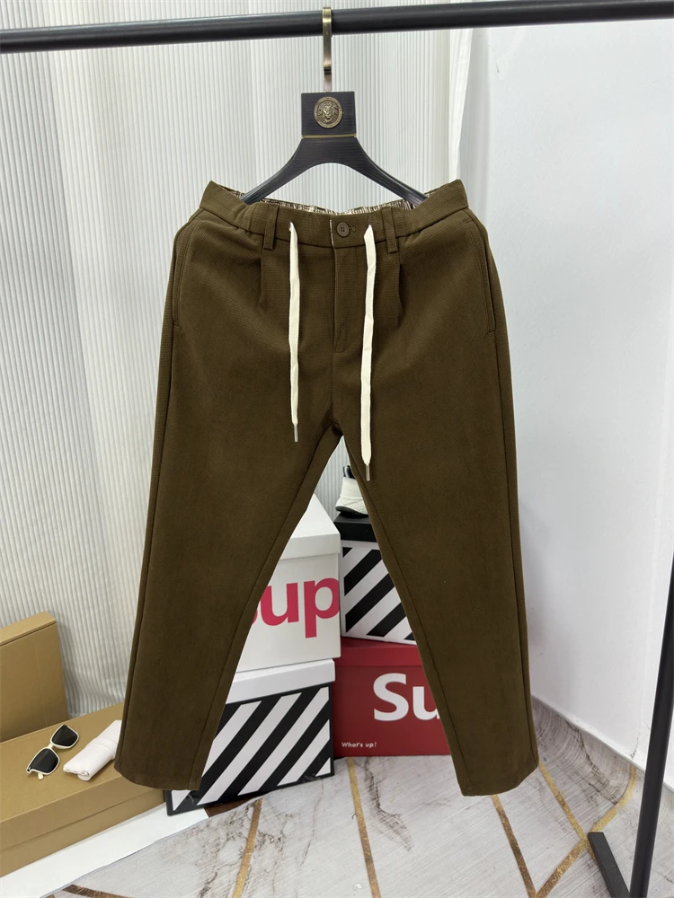 

Faionable Straight Leg Thiened Autumn Winter Casual Pants Men's Simple Sle Dstring Textured Men's Trousers