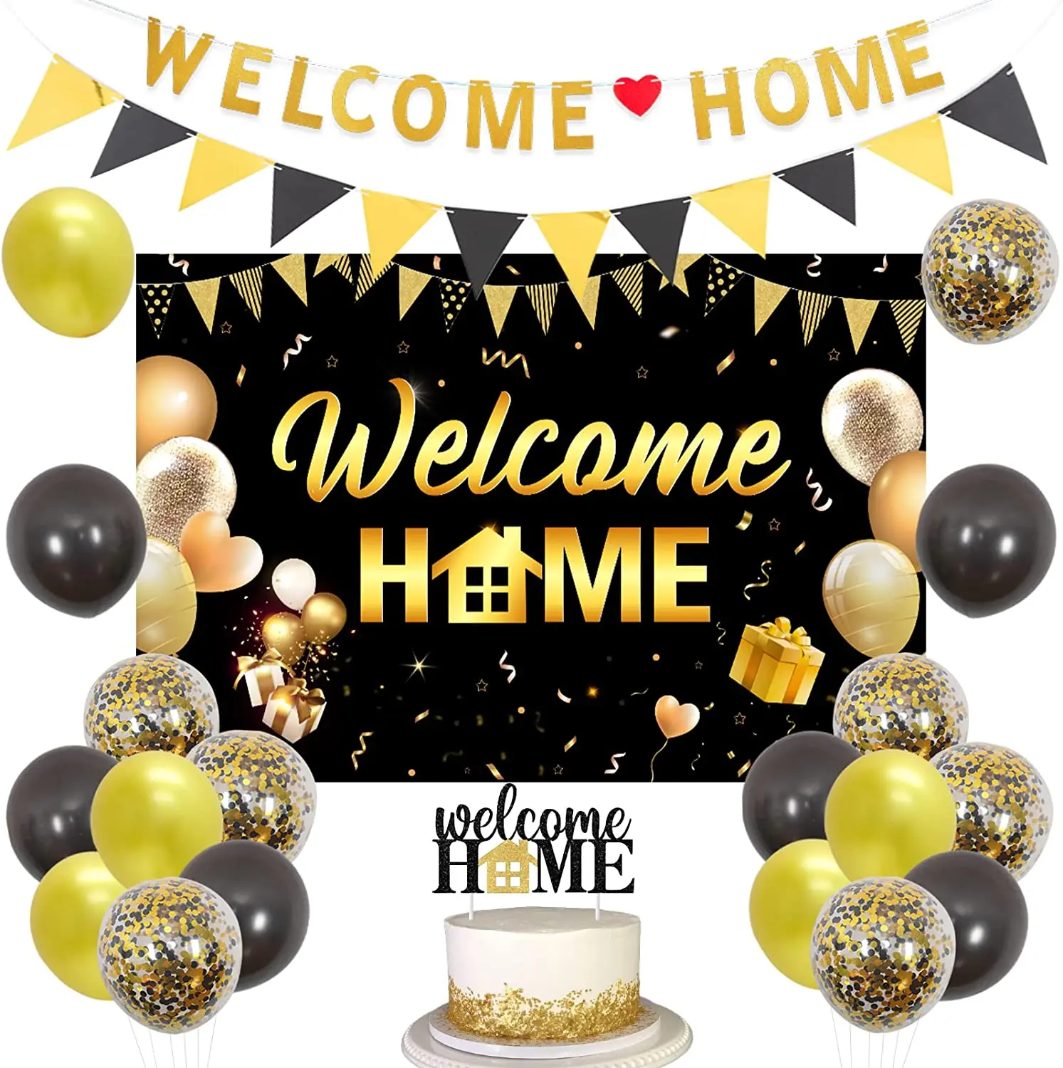 

Welcome Home Party Decorations with Black Gold Welcome Home Backdrop Welcome Home Banner Pennant Cake Topper Gold Black Balloons