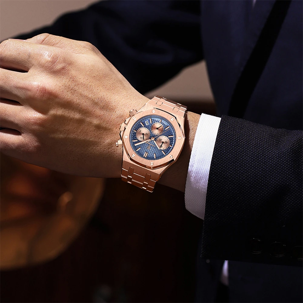 POEDAGAR, relojes originales de lujo para hombre, cronógrafo con fecha, reloj de cuarzo de acero inoxidable, reloj de pulsera luminoso resistente al agua a la moda para hombre