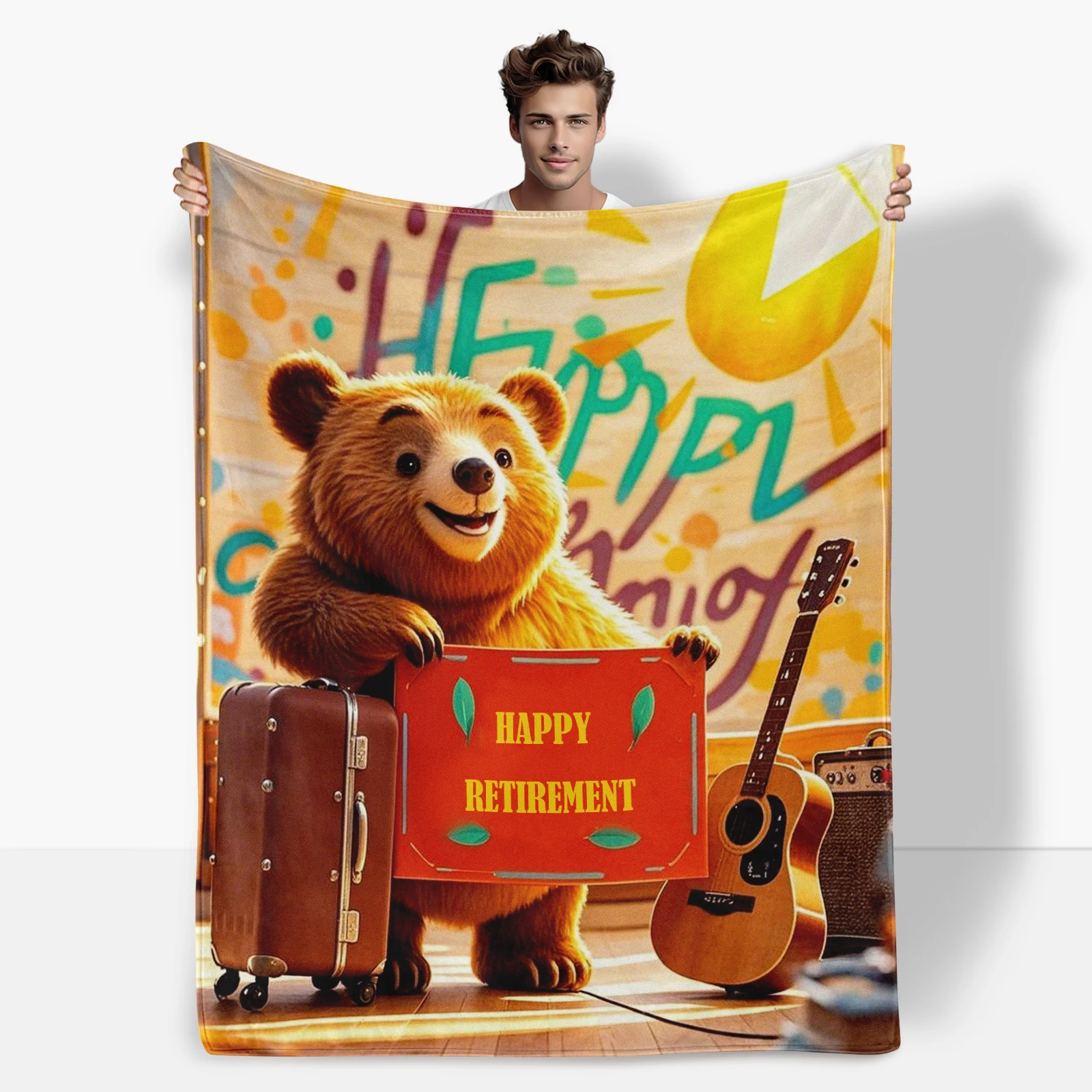 Cozy Cartoon Bear Guitar Graffiti Wall Retirement Blanket Perfect For Honoring Retirees With Warmth