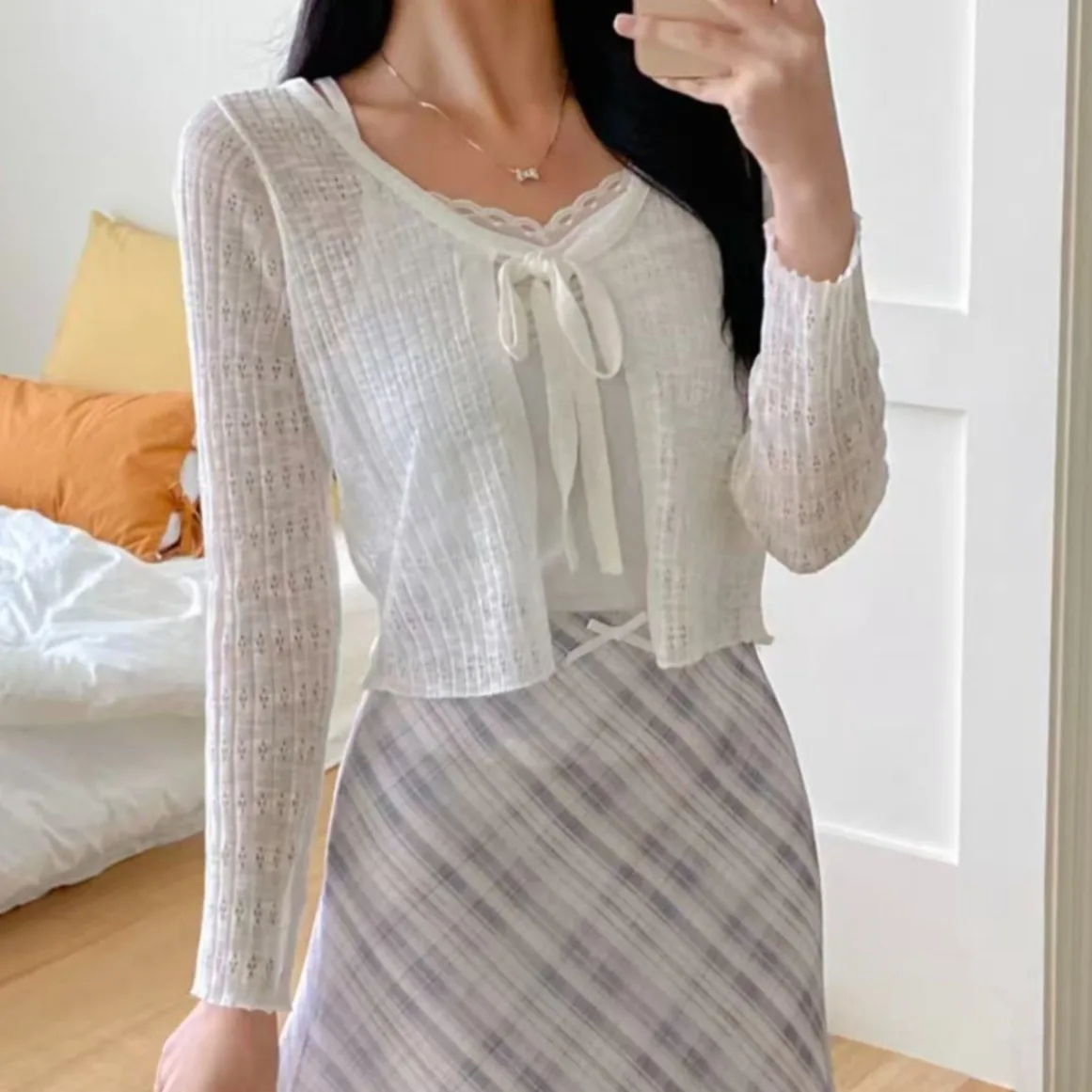 

Chic Spring Summer Color Belted V-Neck Long Sleeve Breathable Knitted Lightweight Sun Protection Cardigan Shawl for Women