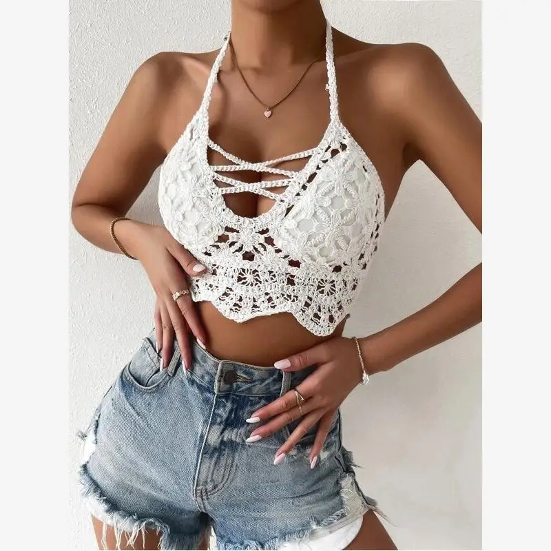 Nouveau 2023 femmes tricoté sangle creuse suspendus Ne cravate Ba haut EBAY Sle gilet de transport couleur Pure autres matériaux 00%