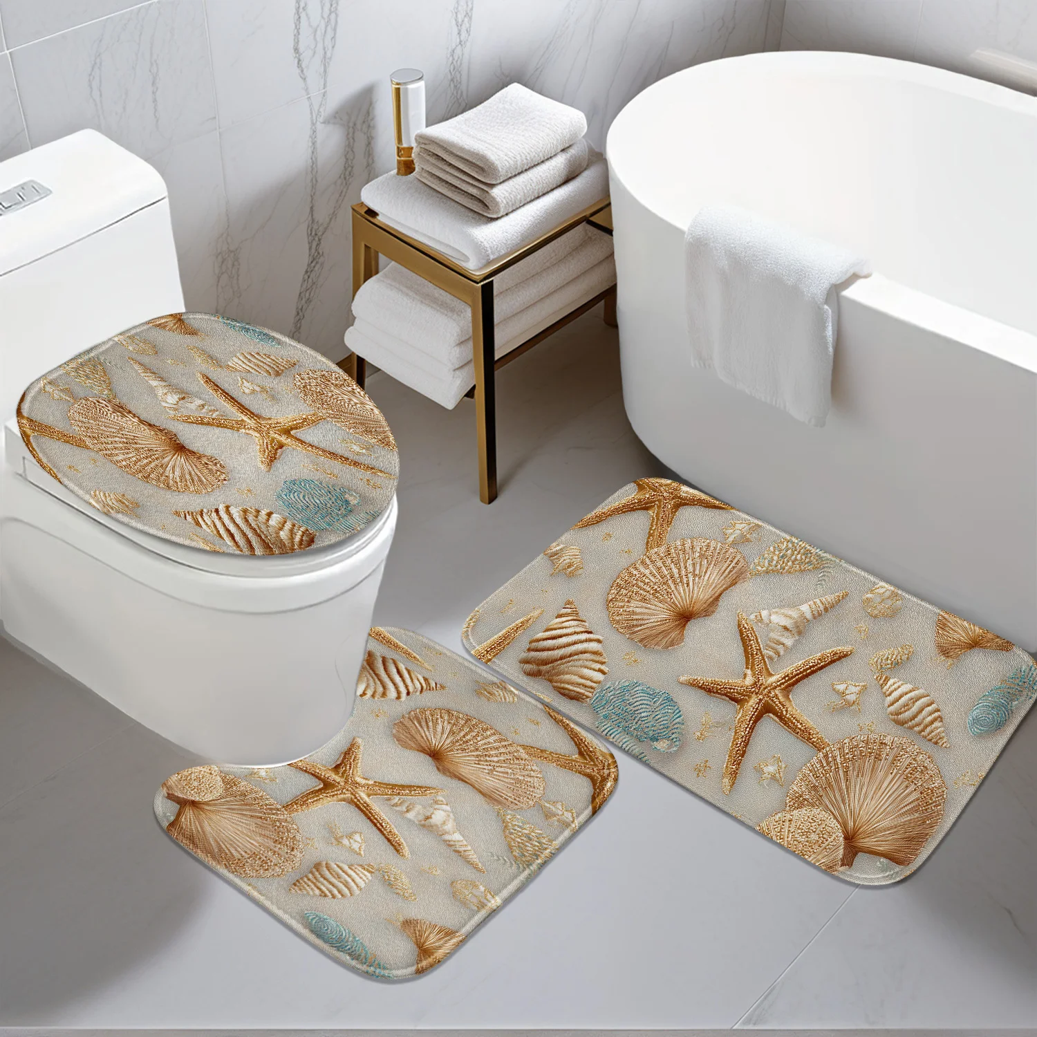 

3-х предметный узор морской звезды и ракушки, U-образный коврик, нескользящий коврик, коврик для крышки унитаза, подходит для украшения ванной комнаты.