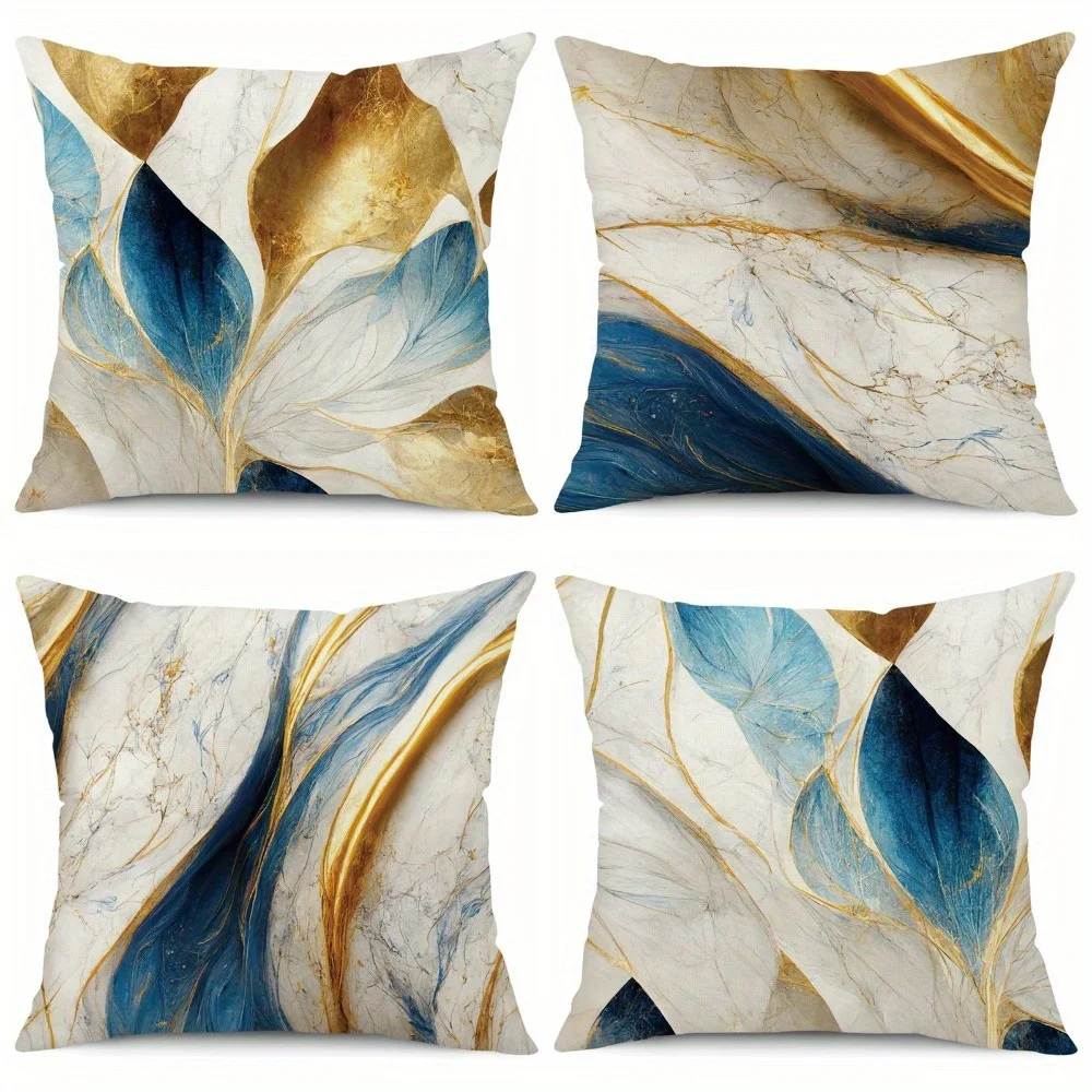 Juego  4 fundas  almohada con cremallera y textura  mármol - Poliéster  doble cara, patrón geométrico, estilo contemporá
