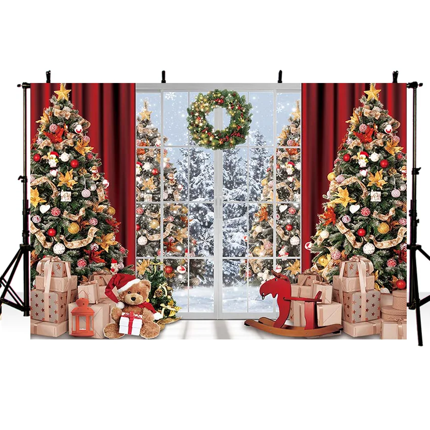 Mehofond Xmas Decoration Backdrop Curtain Christmas Tree Window Toy Gift Wreath Snowy Santa Background for Photography Photocall
