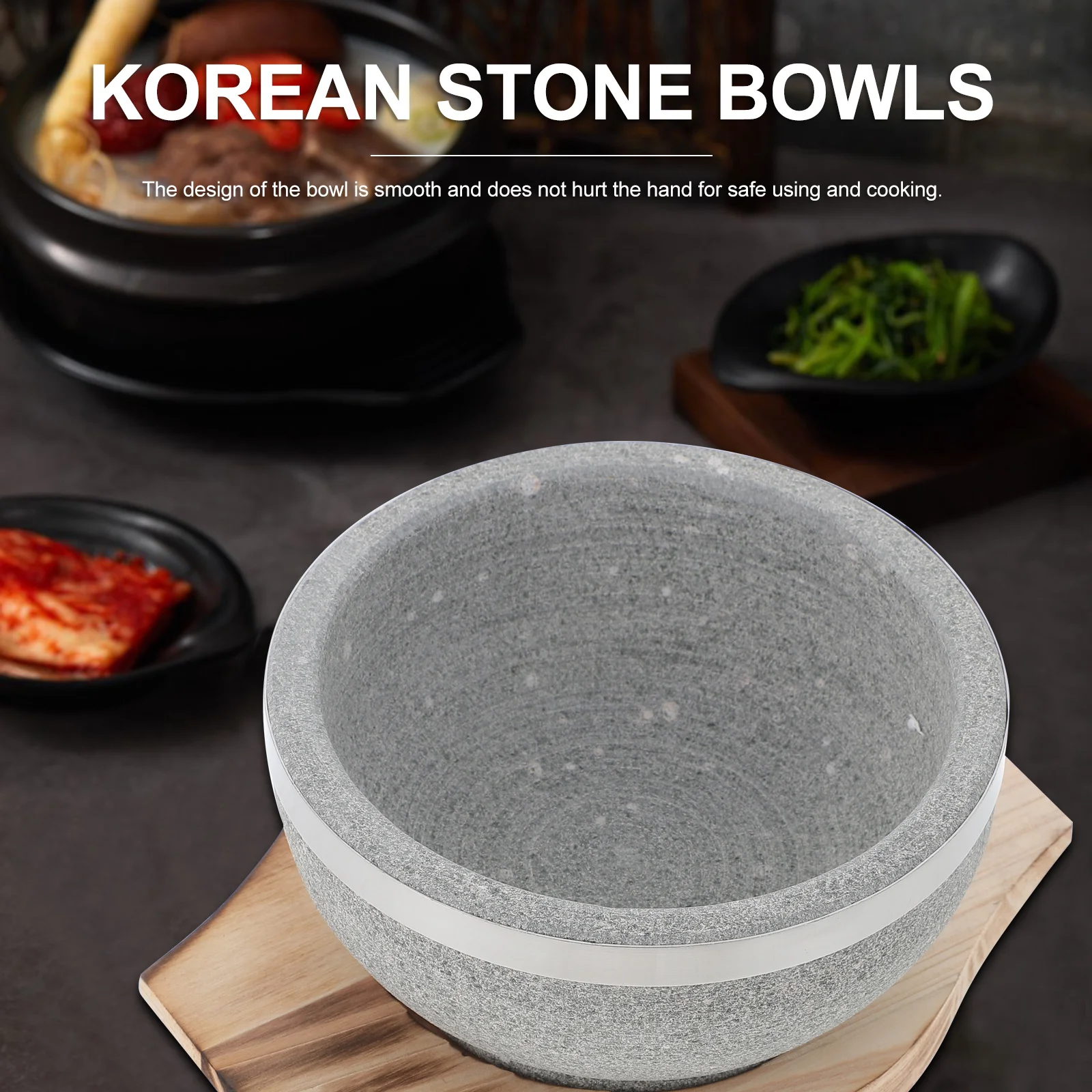 

Korean Stone Bowl Set with Wood Base for Serving Soup Bibimbap and Rice Heat Resistant Non Scratch Surface Easy to Use and Clean