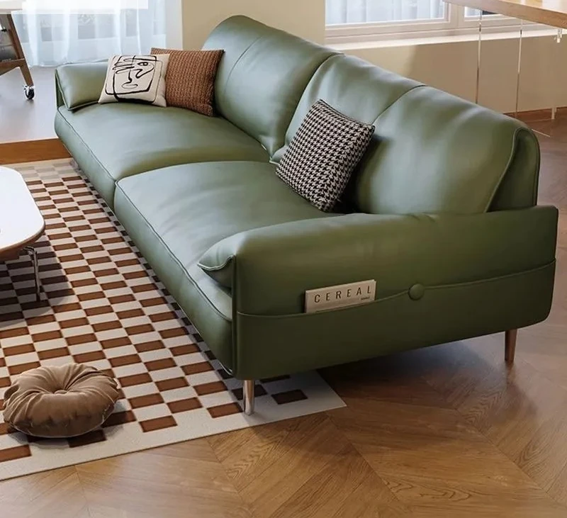 Modern Elephant Ear Leather Sofa Straight Top Grain Cowhide Retro Living Room Furniture Comfortable Durable Stitching Free