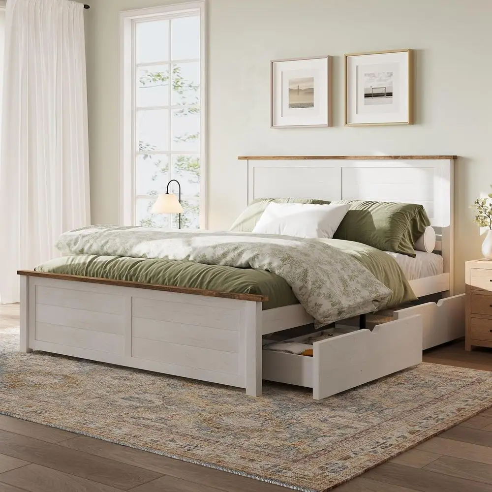

Queen Size Bed Frame with Headboard, Platform Bed with 4 Storage Drawers, Wood Bed Frame for Bedroom, Wood Slats Support, White