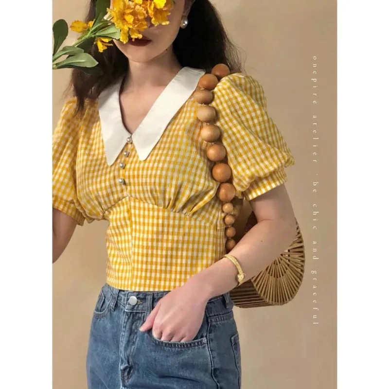 Cottagecore Crop Top Yellow Blouses Summer Kawaii Puff Sleeve Plaid Shirt Women Checkered French Retro Style 2023 Vintage