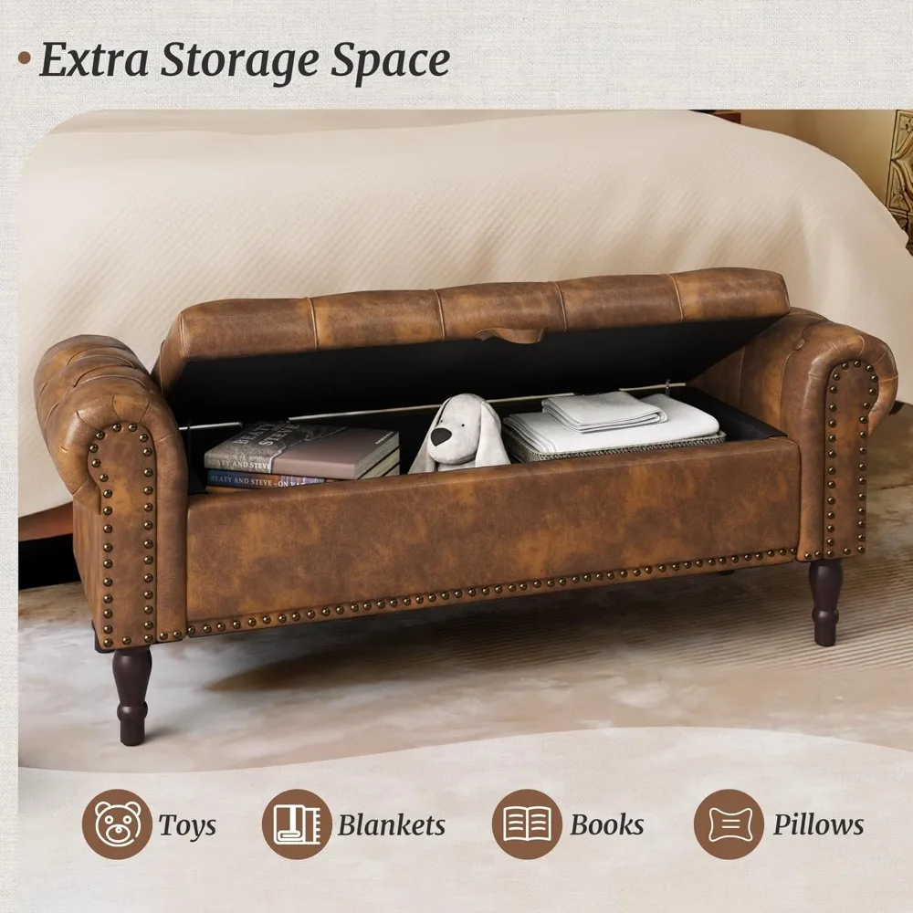 مقعد تخزين منجد من الجلد الصناعي بحجم كوين مع تصميم أزرار معنقدة وذراع ملفوف وحواف رأس أظافر لغرفة النوم