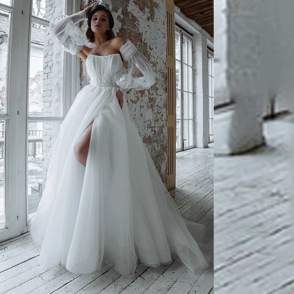 

Puff Sleeve A-Line Wedding Dress Organza Lace Appliques Side Slit Floor Length Robe De Mariee Custom Made Bridal Gowns Lace Up