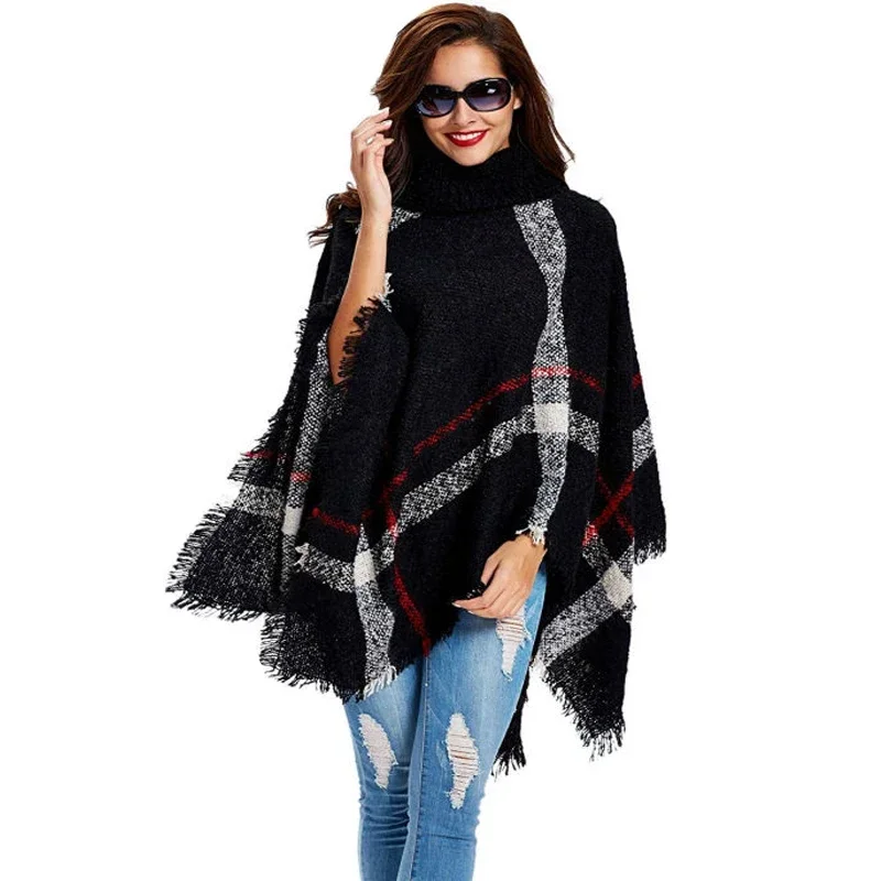 11th,Nov Plus Size Women's Wool Plaid Cardigan Turtleneck Cape Batwing Sleeve Knit Poncho Sweater