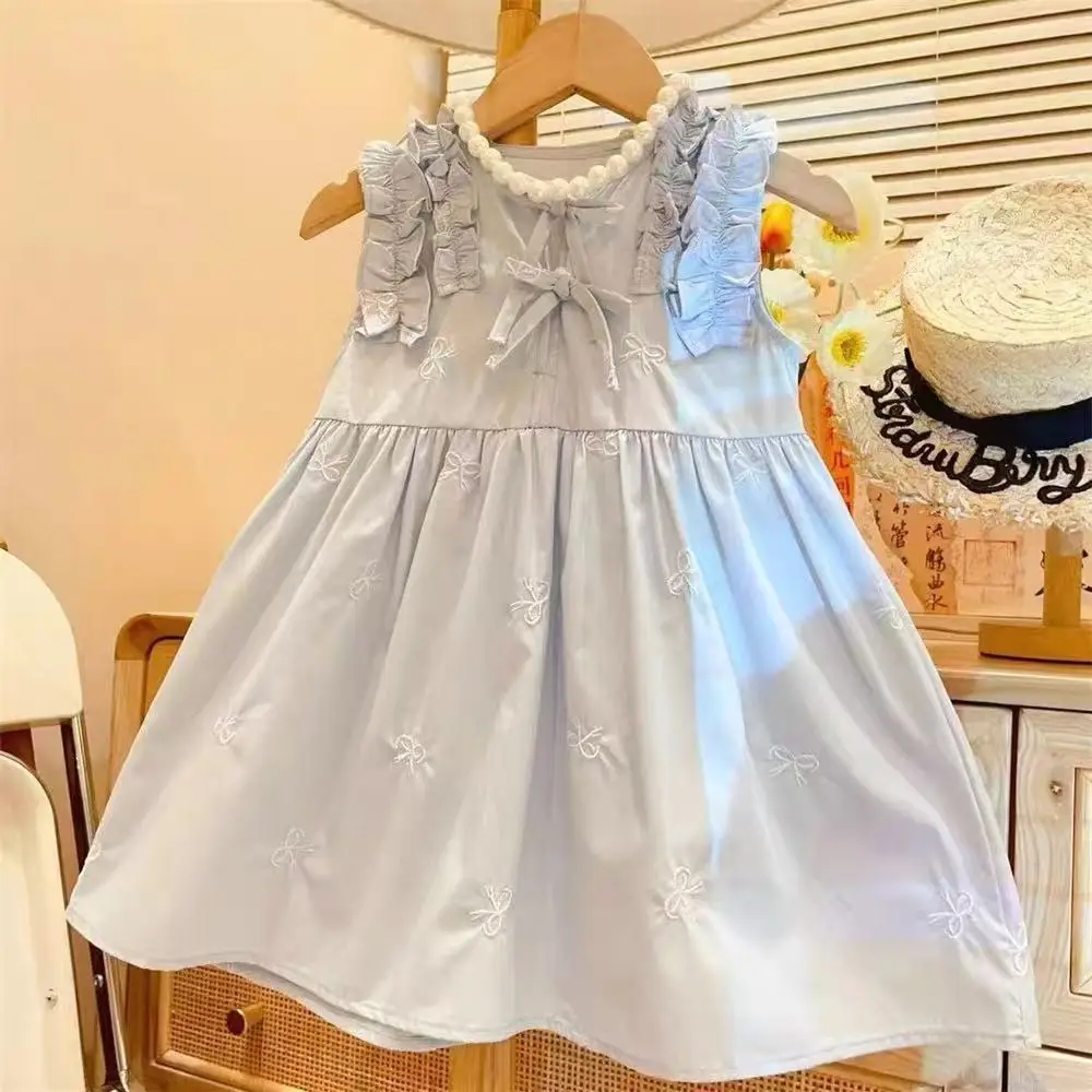 Summer Toddler Girls Blue Embroidered Bow Waist Sleeveless Vest Dress Fashionable Ruffle Hem No Necklace Included Breathable