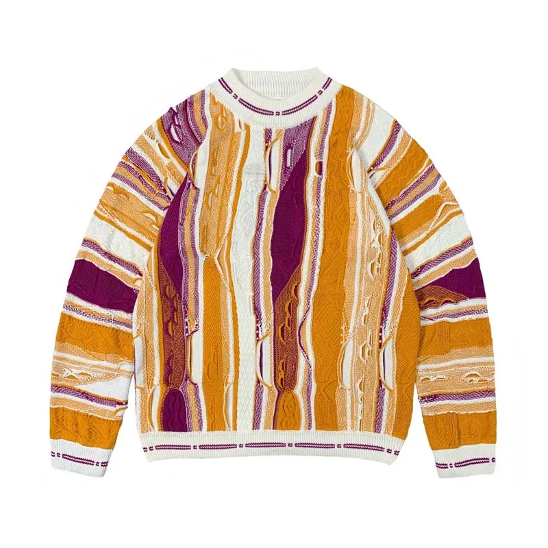 Kapital Vintage Men Pullovers Bitter Melon Pattern Three-dimensional Wave Contrasting Ethnic Style Sweater