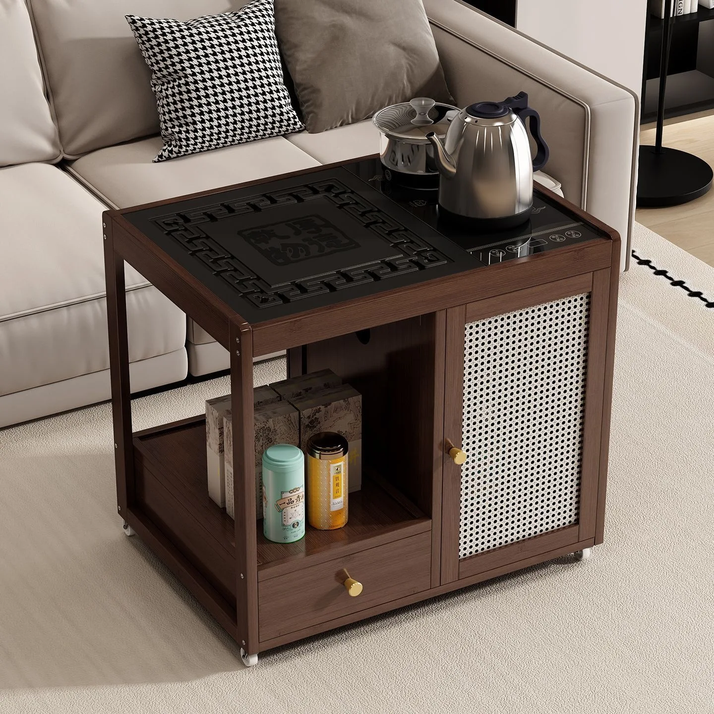 Movable tea table, kettle integrated living room, small coffee table, sofa side table