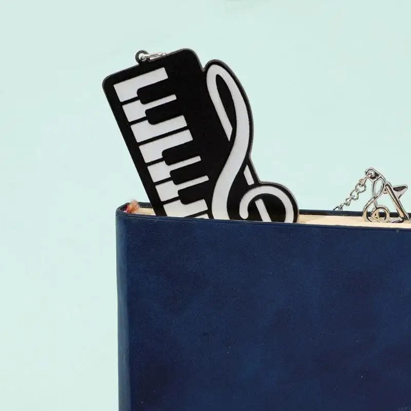 Q6PA Music Bookmarks Stainless Steel Piano Page Marker with Black White Keyboard Pattern and Hanging Note Charm for Reading and