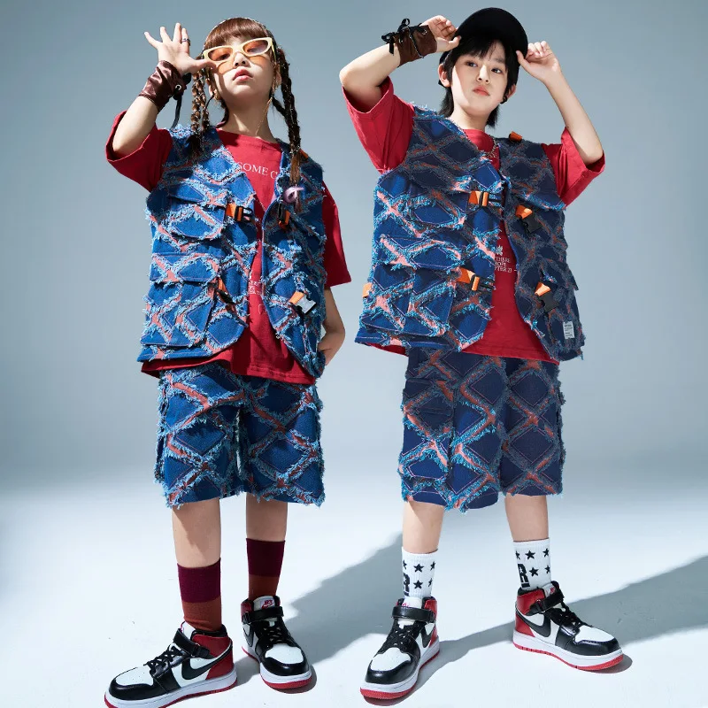 

Kid Kpop Hip Hop Clothing Checkered Raw Patched Vest Top Casual Wide Cargo Shorts for Girls Boys Jazz Dance Costume Clothes Set