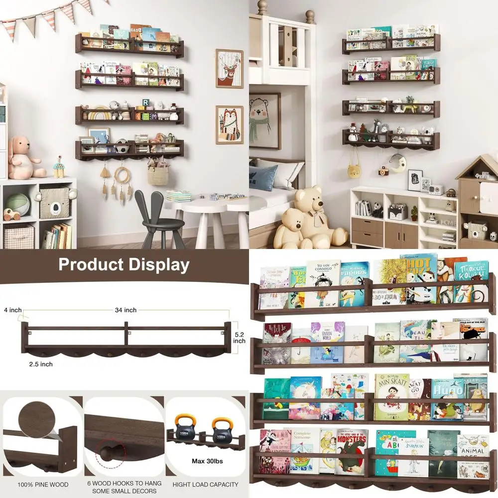 

Set of 4 Dark Brown 34 Nursery Floating Shelves with 6 Hooks for Kids, Ideal for Book Storage and Coat Hanging in Baby's Room De