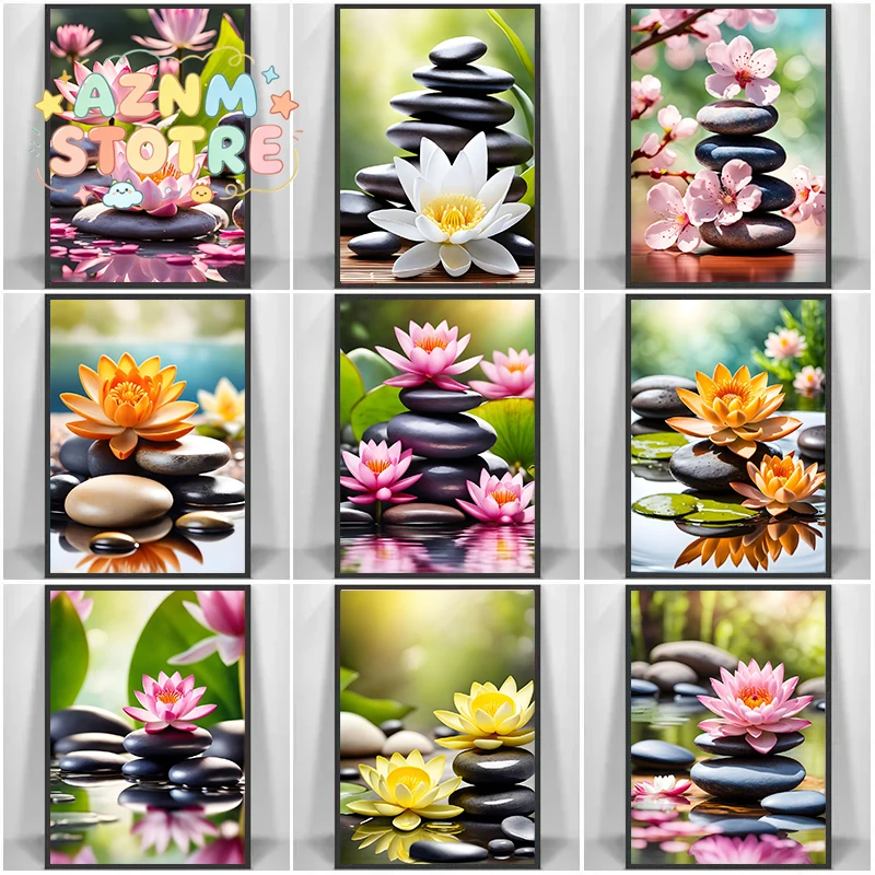 Pink Lily Tranquility Spa Zen Stone Posters Prints Canvas Painting Wall Art Bathroom Picture Stone Scene Room Home Decoration