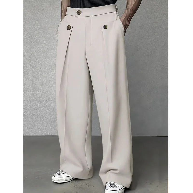Spring Autumn Fashion Men's Casual Suit Pants Multiple Buttons High Waist Loose Straight Trousers Solid Business Long Pants