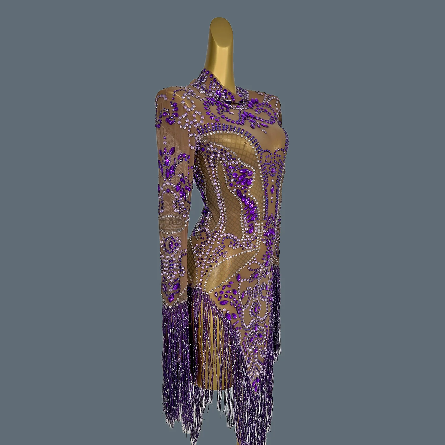 

Lady Sparkle Purple Rhinestone Mesh Dress Tassels Women Birthday Party Celebrate Dress Nightclub Showgirl Stage Costumes Zimei
