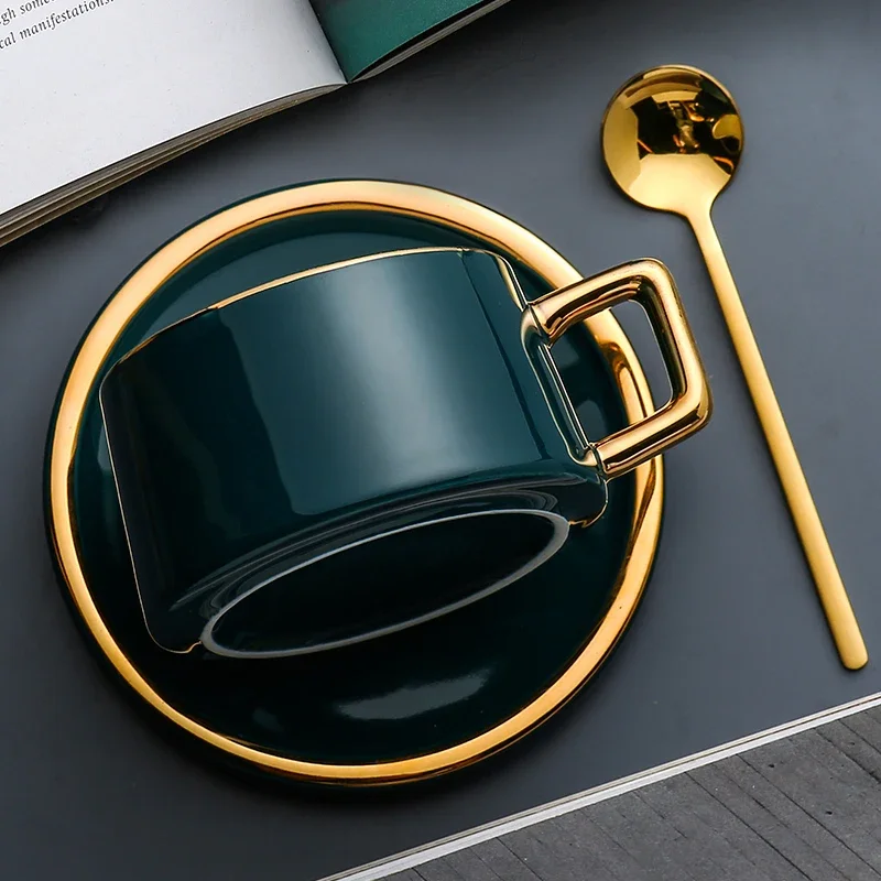 Simple Modern Ceramic  Spoon Set Gold Metal Tea Cup Vintage Reusable Tazas De Cafe Drinkware Coffee