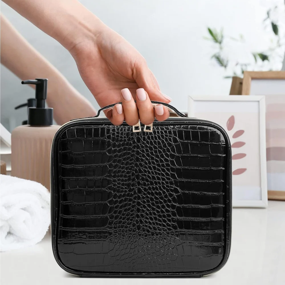 PU Leather Makeup Travel Organizer Crocodile Makeup Bag Portable Artist Storage Bag with Adjustable Dividers, Travel Storage