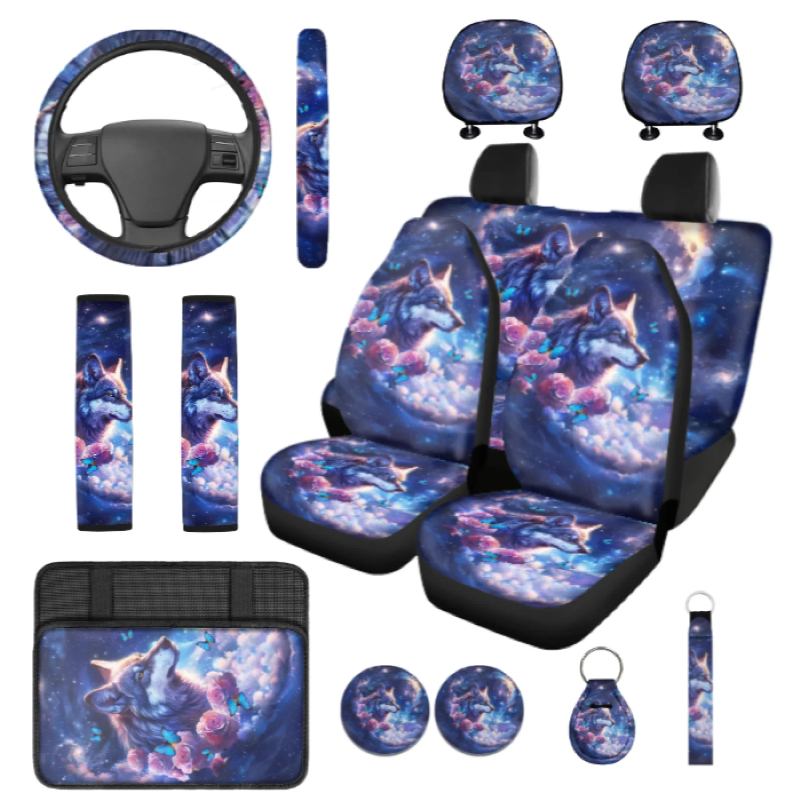 Coloranimal Wolf 14 Pcs Car Accessories Set with Soft Car Armrest Cover and Headrest Covers for Sedans