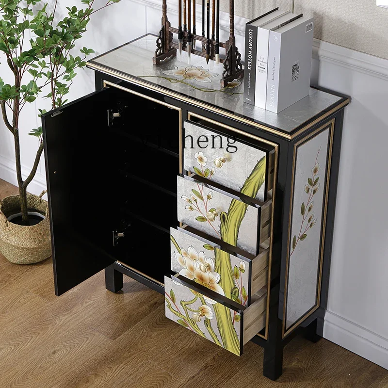 New Chinese Style Solid Wood Small Size Thin Sideboard Cabinet Living Room Multi-Functional Locker Tea Cabinet