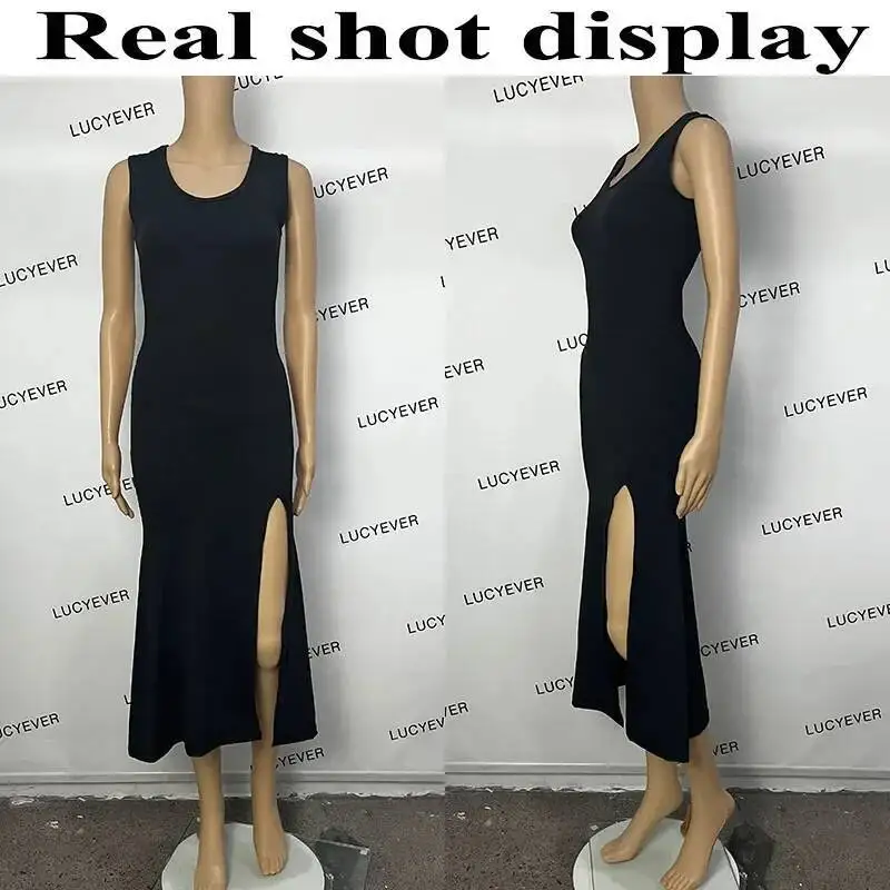 فستان نسائي أسود بدون أكمام بحزام مثير بقصة ضيقة وفتحة جانبية غير منتظمة فستان نسائي صيفي كوري بسيط من قطعة واحدة #4