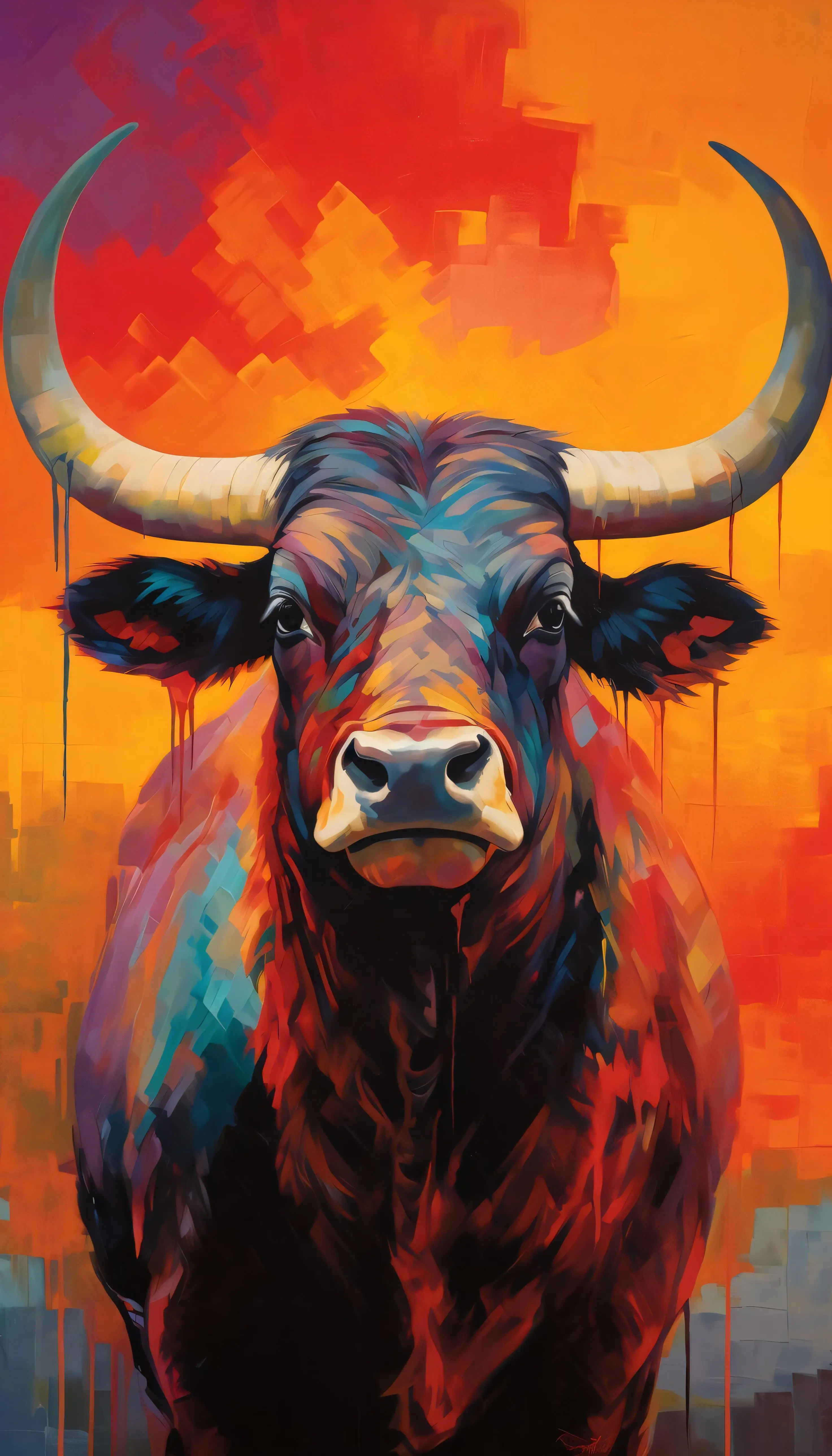 Vibrant Bull Head Oil Painting Style Aluminum Tin Sign Wall Art Decor Poster Vintage Metal Plaque for Home Bar Garage