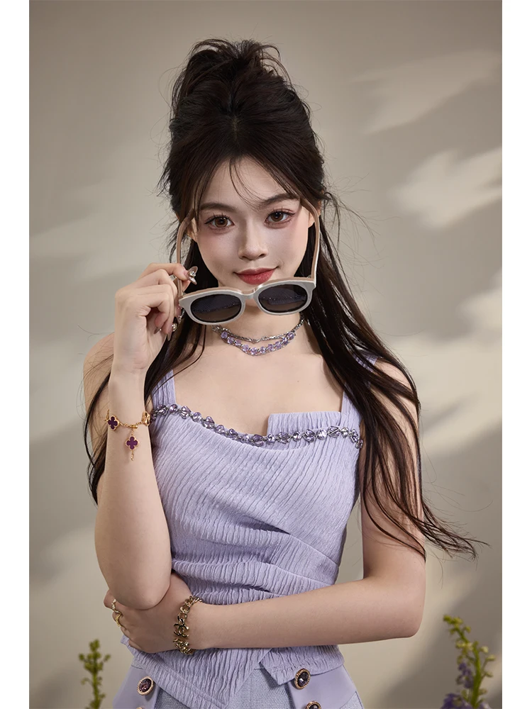 

TUNT Весенне-летний жилет-накидка Ice ape Beau Secret с эффектом осветления кожи, фиолетовый оттенок, с подкладкой для груди и утягивающим ремнем на талии