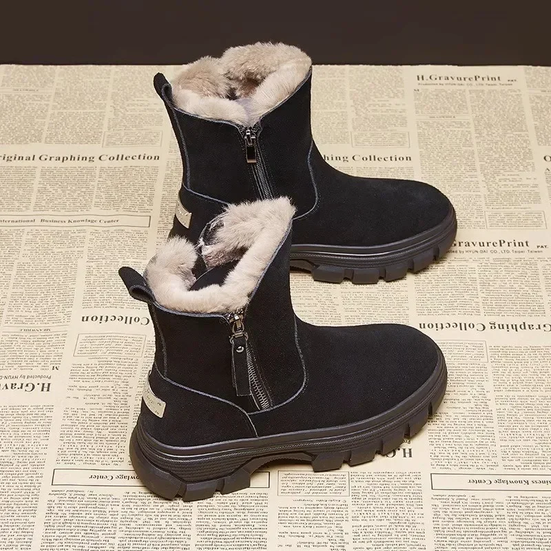 Women Snow Boots 2024 Autumn/Winter New Solid Color Plush Zipper Thick Bottom Anti Slip Warm Cold Proof Cotton Shoes Snow Boots