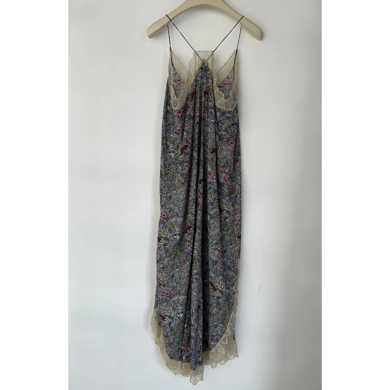Zadig Skull Flower Dress Women Casual Powder Blue Dresses Female Lace V-Neck Halter Dress Ladies Side Split Robes Backless Jupes