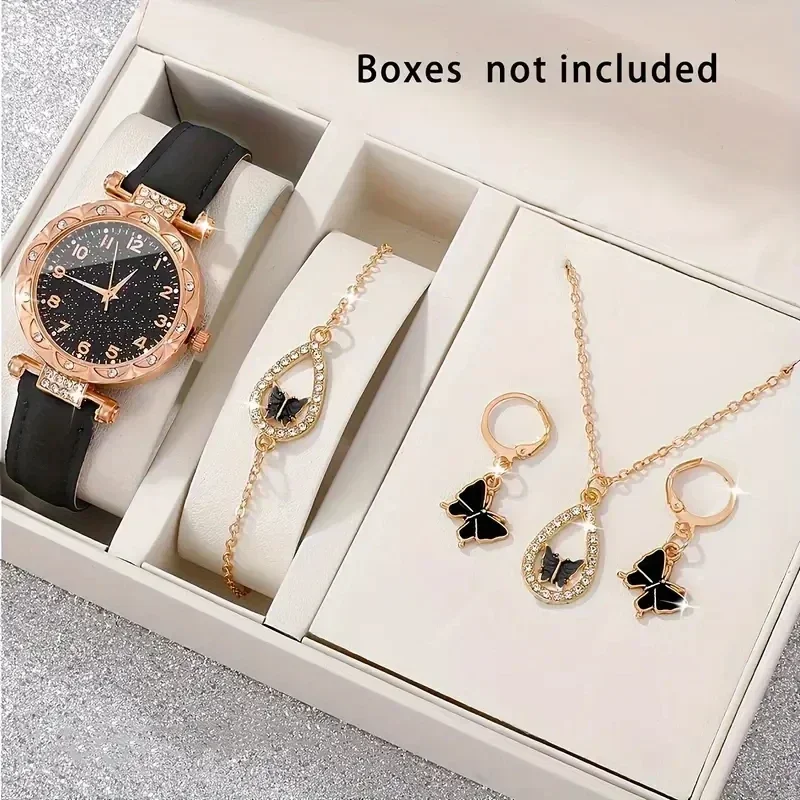 Women Pink Leather Watch 5Pcs Jewelry Set Starry Dial Quartz Wristwatch Butterfly Rhinestone Necklace Bracelet Earrings