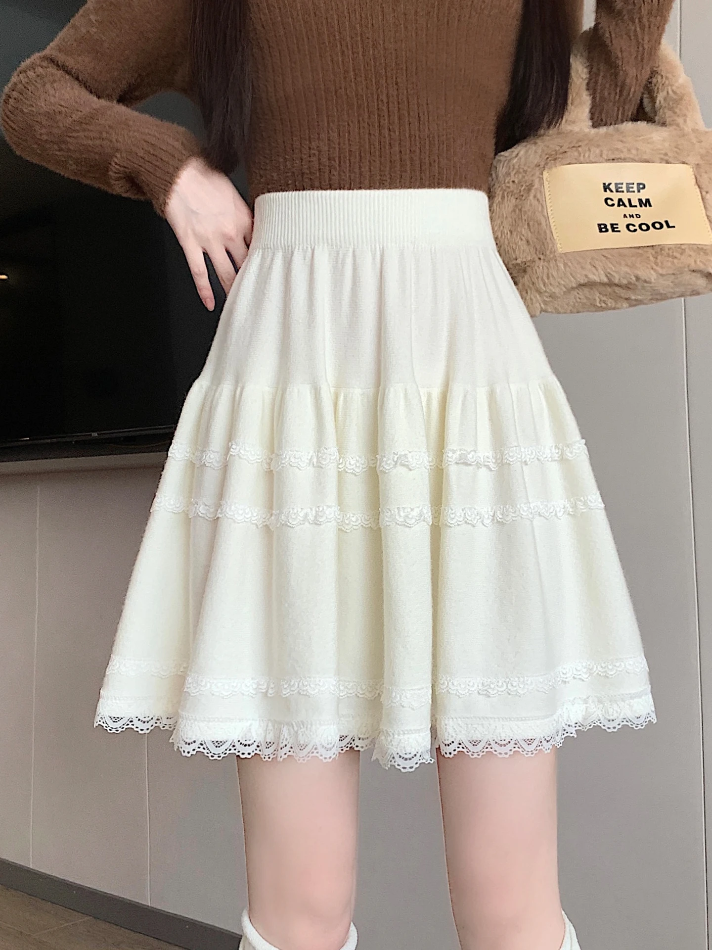 

Extended Knitted A-Line Skirt Women's Ballet Sle Splicing Lace Trim Cake f-length Spring Autumn Tall 70 High Waist...