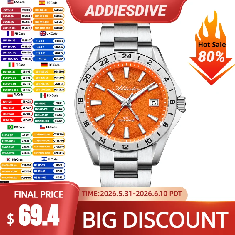 

ADDIESDIVE Luxury Quartz Watches AD2548 GMT Swiss Ronda 515-24H Sapphire Crystal BGW9 Super Luminous 200M Waterproof Diver Watch