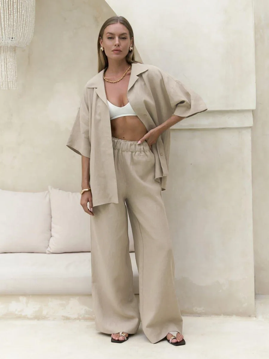 Bornladies Sommer Neu 100% Baumwolle Kurzarm-Hosen-Set Damen Lose Einfarbiges Kurzarm-Hemd Hosen Casual 2-teiliges Set – Detail 3