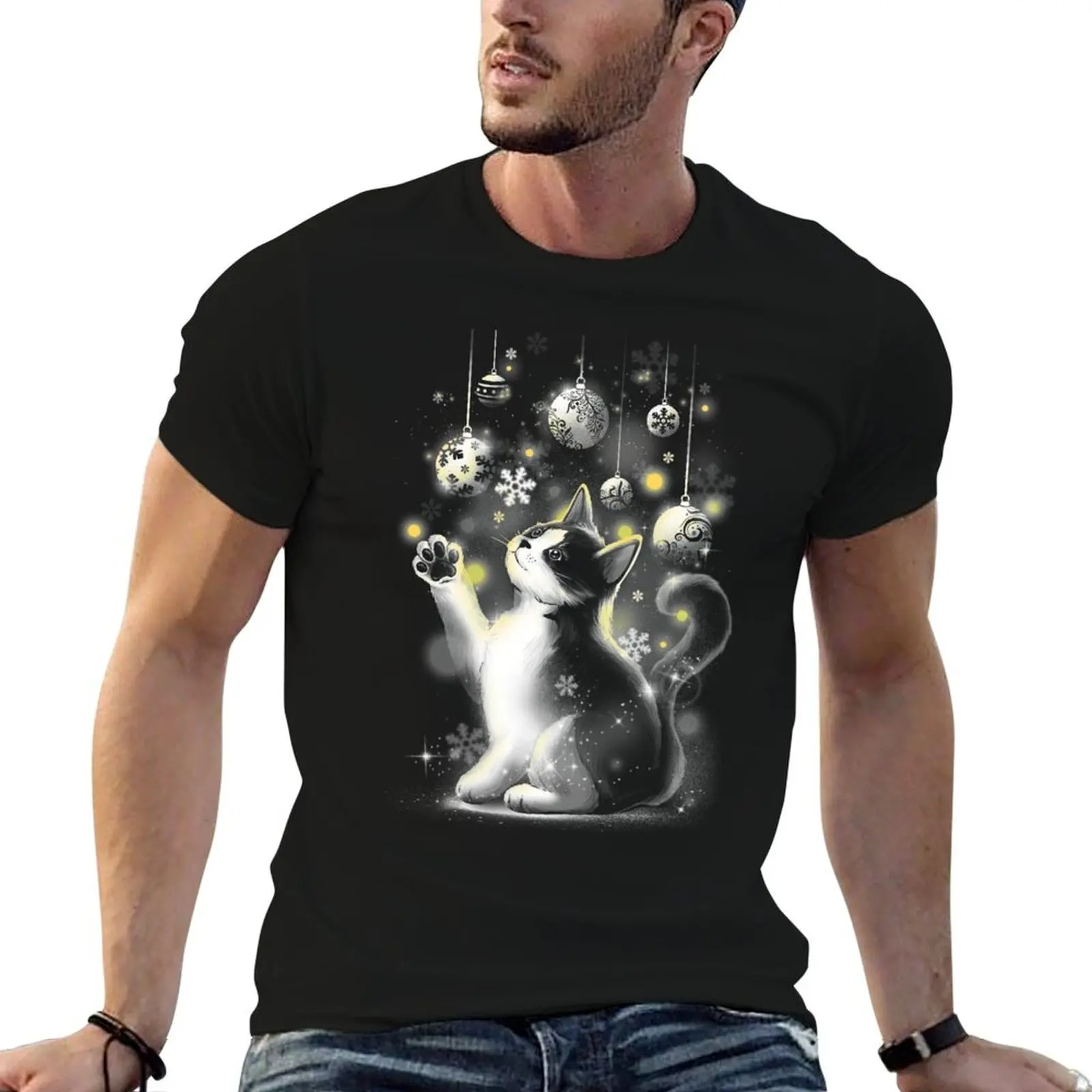Cat christmas lights T-Shirt t shirts for man cotton soft t shirts cotton 100% men t shirt cotton 100% T-shirt