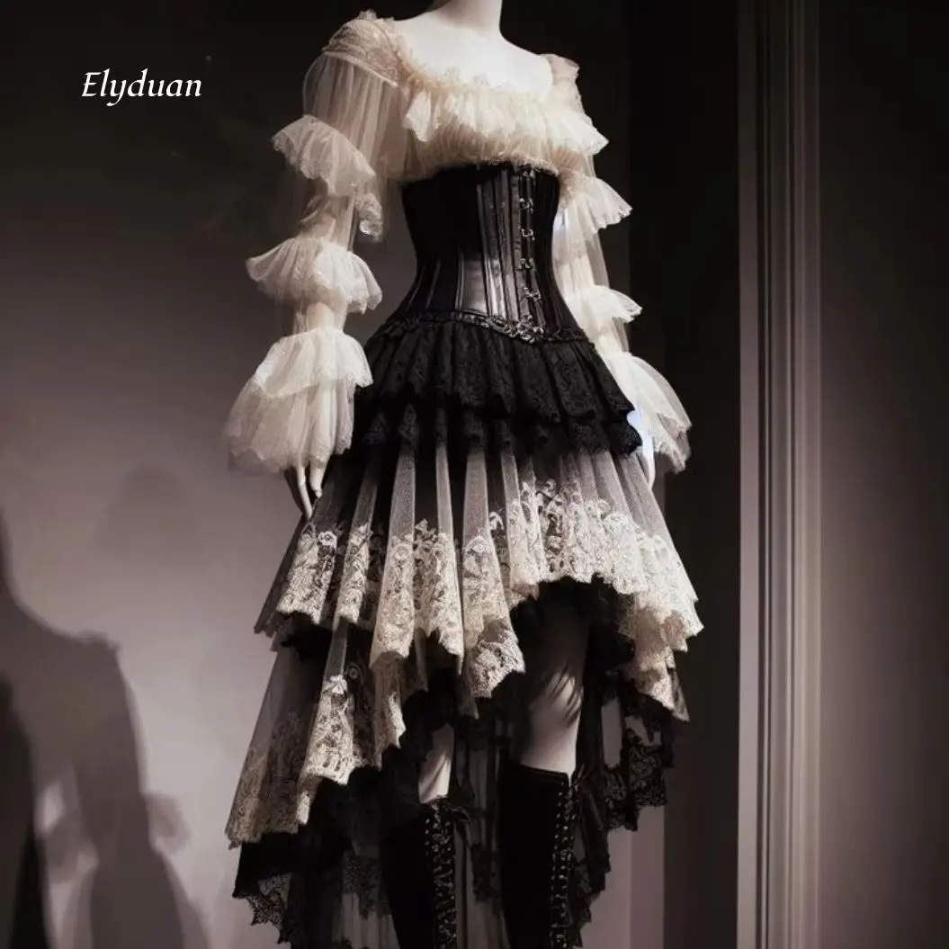 Black And White Gothic Prom Dress Long Sleeves Tiered Ruffle Tulle Lace Appliques Asymmetrical High Low Evening Gown Customized