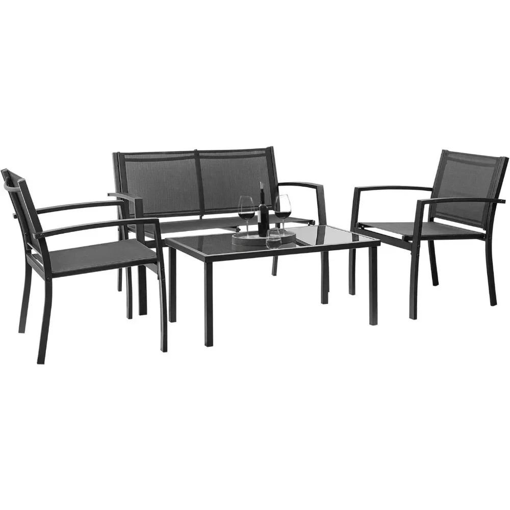 4Pieces Patio Furniture Set Outdoor Garden Patio Conversation Sets Poolside Lawn Chairs with Glass Coffee Table Porch Furniture