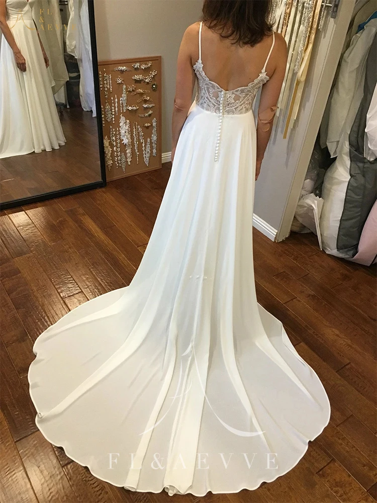 Sexy Chiffon Spaghetti Straps Wedding Dresses with Chapel Train Elegant Lace A-line Bridal Gown vestido de festa de casamento