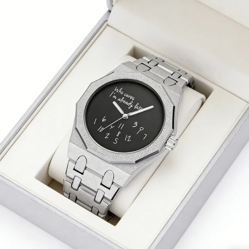 Creative Men Women Quartz Watch Irregular Number Dial Slogan Print Frosted Metal Band Casual Wrist Watch Gift