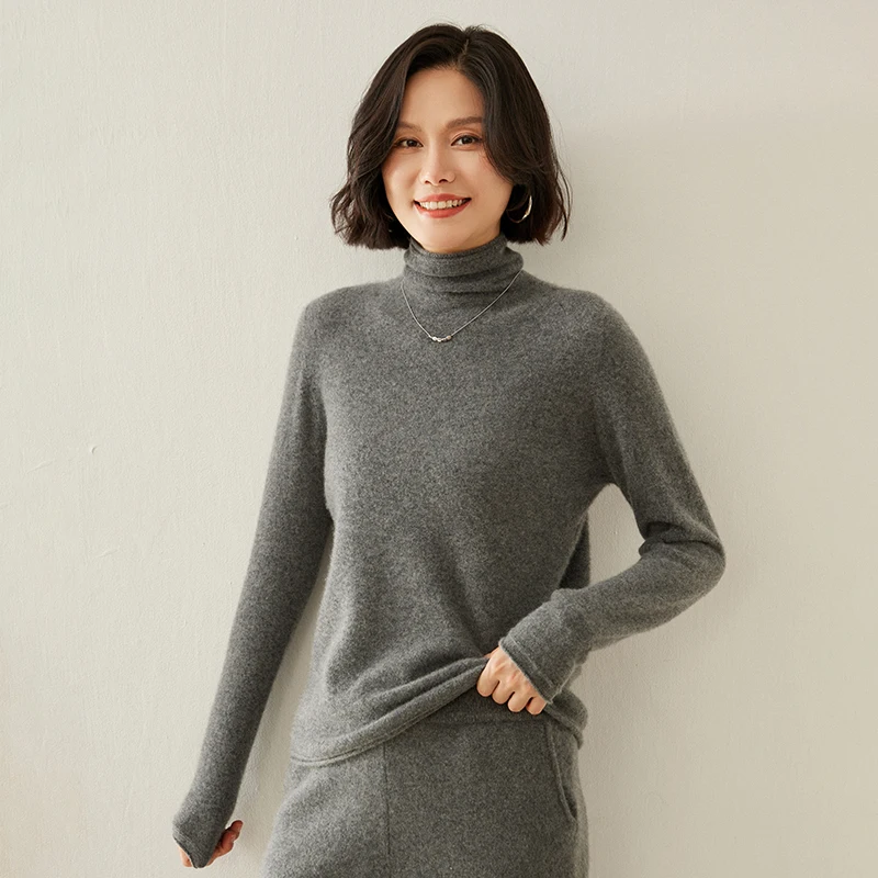 

Женский свитер из 100% кашемира, готовый к ношению первой линии, свободный воротник, свободный вязаный внутренний слой, однотонный высокий воротник