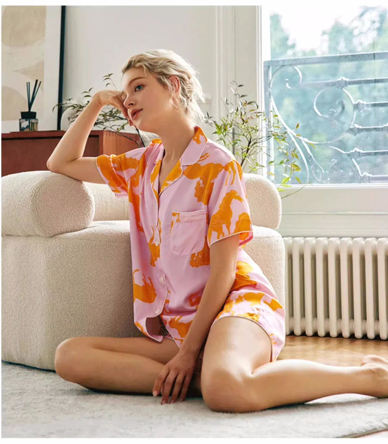 

Button Up Mulberry Silk Satin Shirt Shorts Pajamas Two Piece Set Women Print Underwear Suit Ladies Women Short Loose Pajama Set