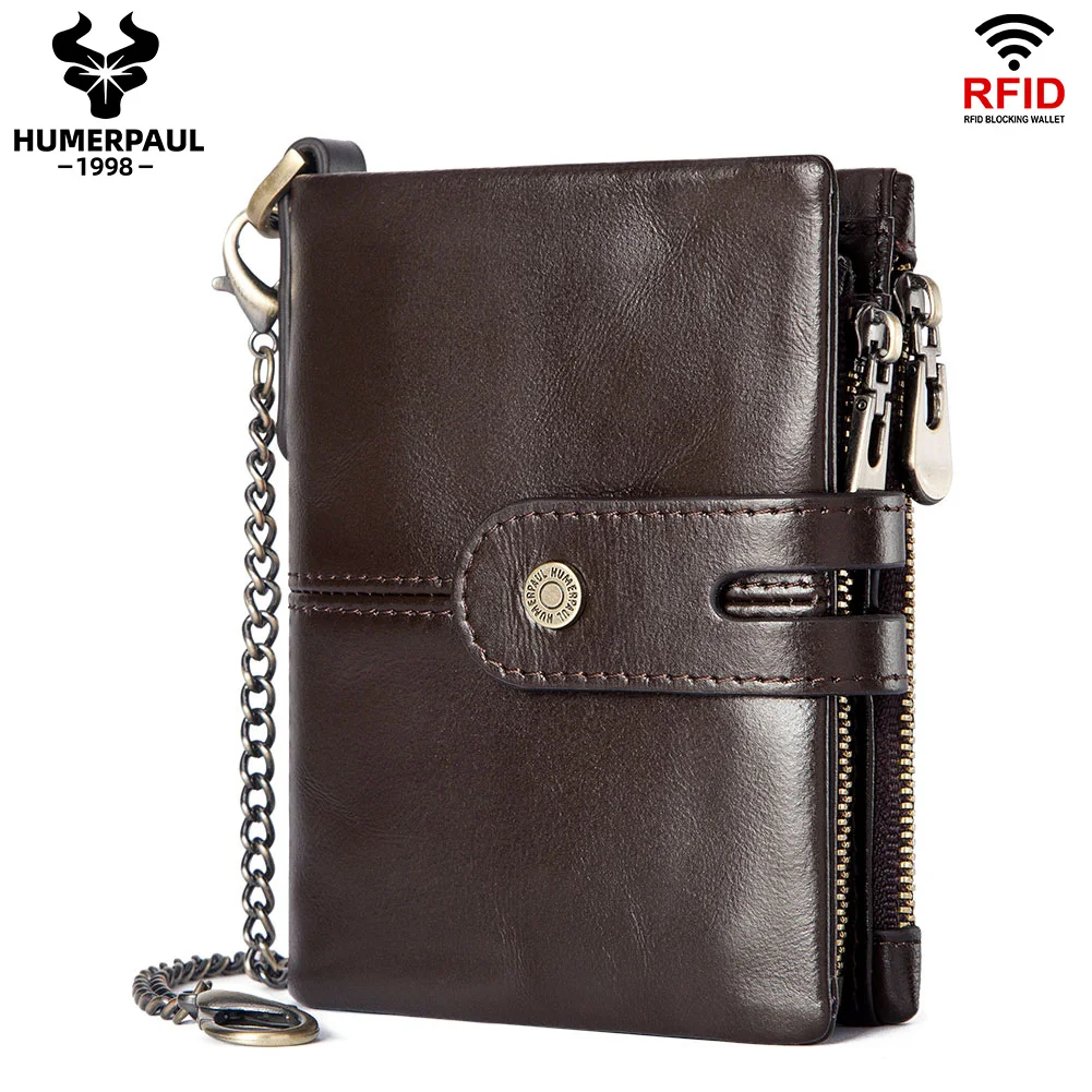 Anti-theft Wallet for Men with Iron Chain Genuine Leather RFID Blocking Credit Card Holder ID Money Bag Short Clutch Coin Pocket