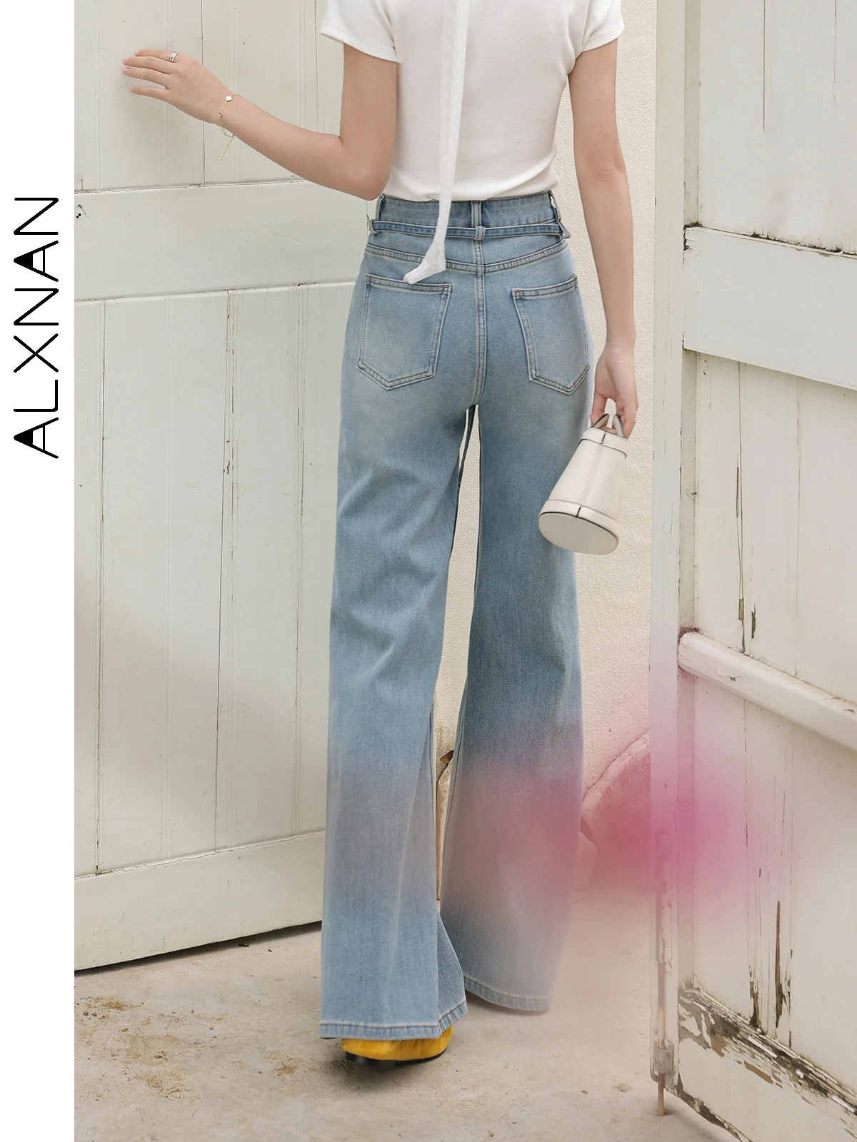 ALXNAN Ausgestellte Jeans für Damen, Vintage-Denim, Blau, hohe Taille, Jeans, 2022, Sommer, elegante Schnürung, schmale Passform, lange Hosen, weiblich, L53906
