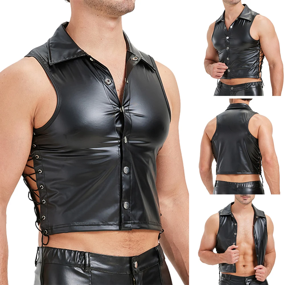 Vintage Men Imitation Leather Side Tie Up Tank Tops Lapel Collar Sleeveless T-shirts Single-breasted Vests